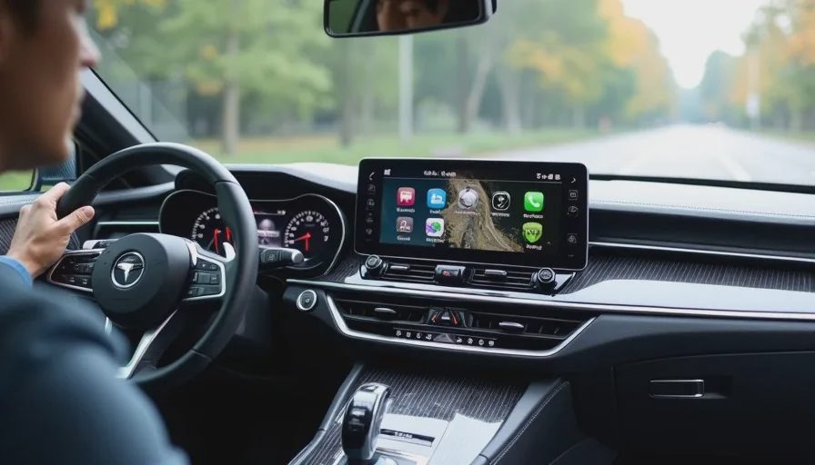 Three-screen automotive cockpit stress test scenario.